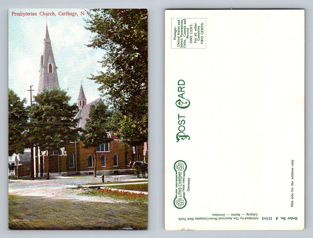 Carthage, NY-New York Presbyterian Church Steeple Tree-Lined St Vintage Postcard