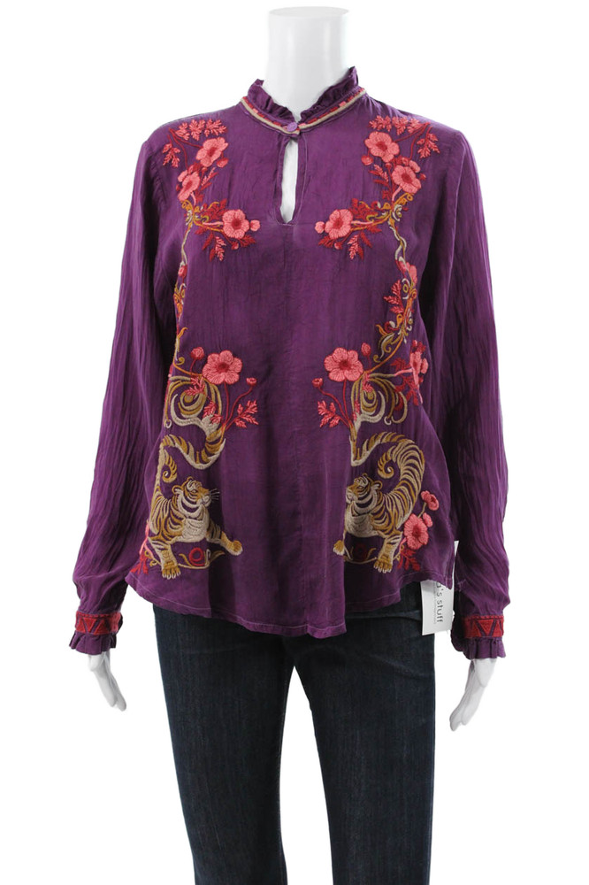 Johnny Was Women Tunic Purple Cupro Long Sleeve Animal Print Size SFree Shipping in US $100+ Orders | $6.95 Orders Below