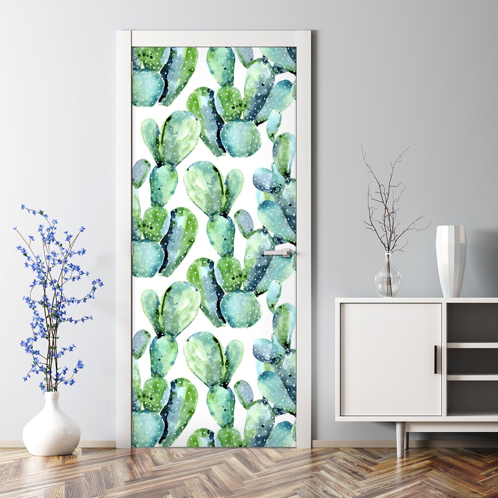 Watercolour Cactus Bubble Free Watercolour Tropical Design Door Decal Decor