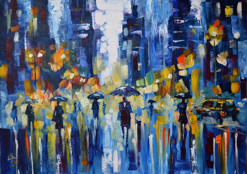 Expressionist Cityscape Rainy Night  People  Umbrellas Colorful Lights