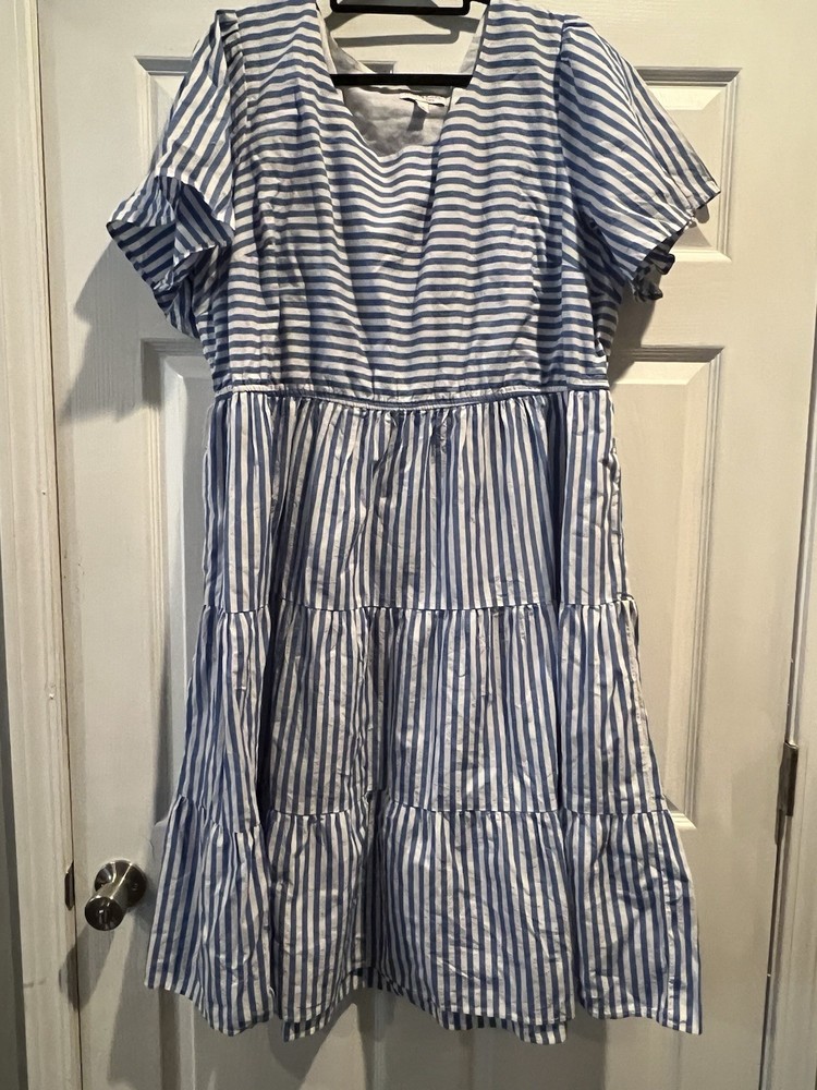 Kim Rogers Blue White Striped Fit & Flare Tiered Dress Short Sleeve 2X