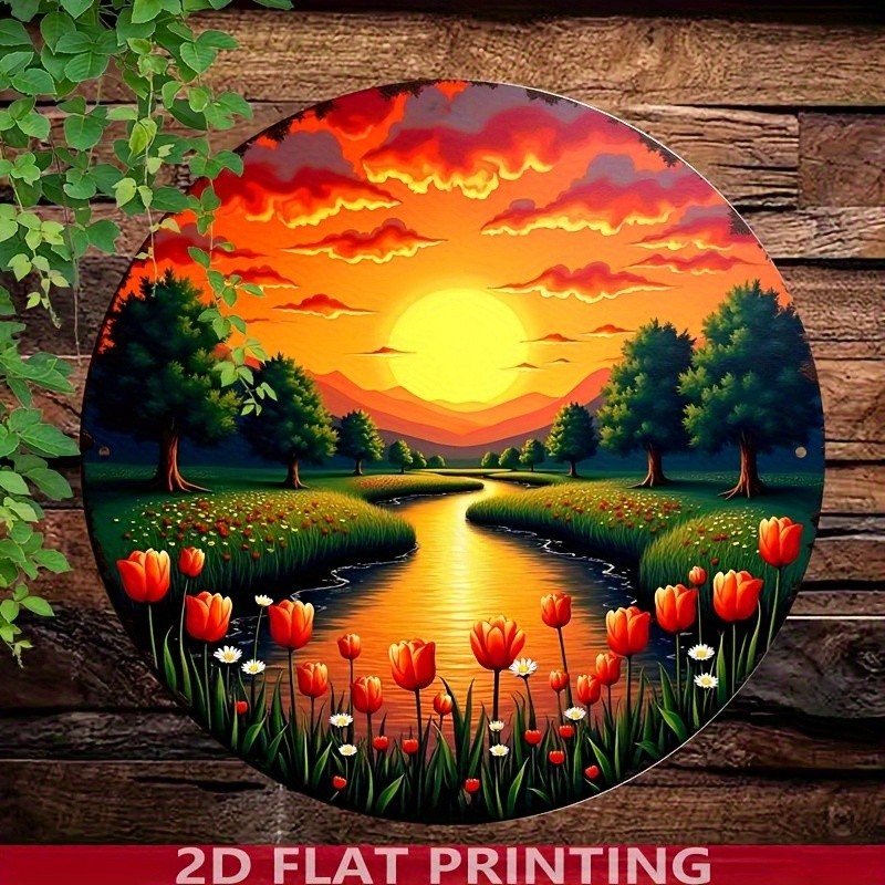 Vintage Dutch Tulip Sunset River Round Aluminum Plate Farmhouse