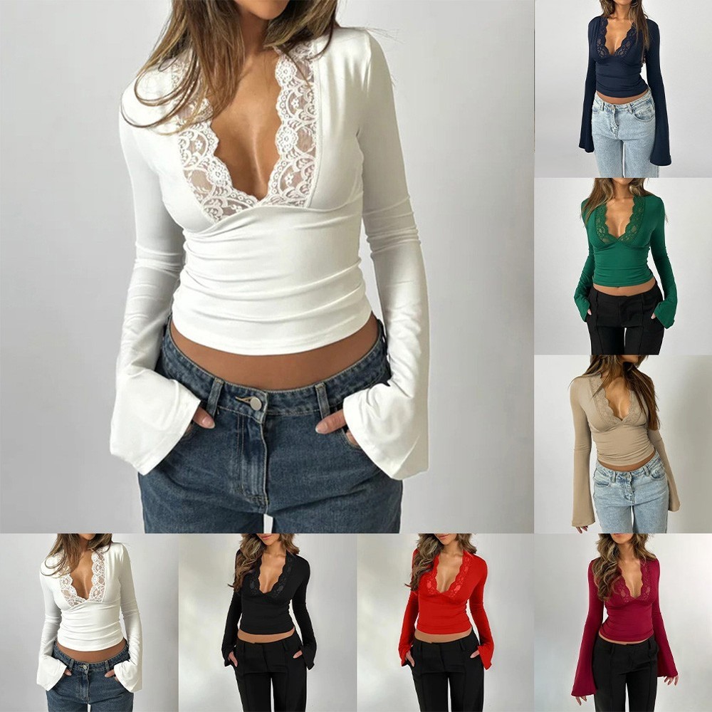 Y2K Womens Elegant Deep V Lace Long Sleeve T Shirt Waist Bottom Blouse