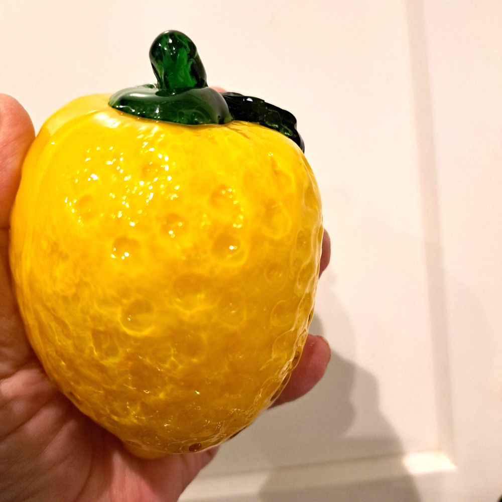 Vintage Mid Century Yellow LEMON Murano Style Hand Blown Glass Fruit Decor