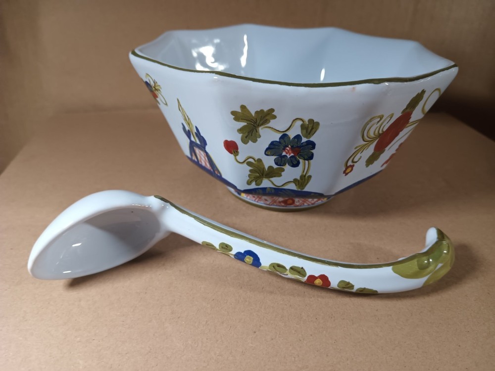 Vintage Italian Garofano Faenza Blue Carnation Octagon Bowl w/Spoon SE For Gumps