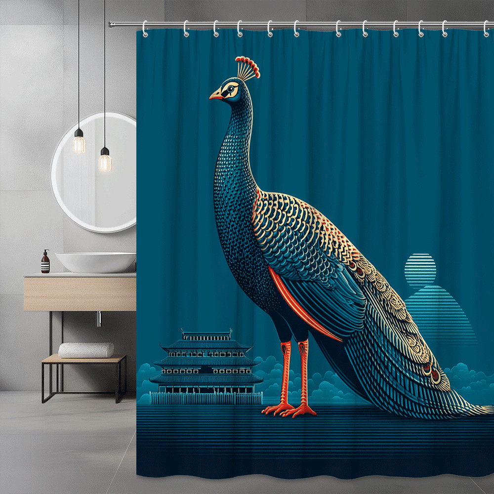 Peacock and Pagoda Shower Curtain Blue Graphic Print