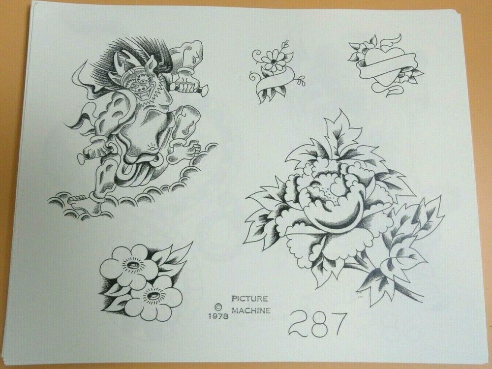 Vintage RARE -1978 Picture Machine Tattoo Flash Sheet 287 Samurai Flowers