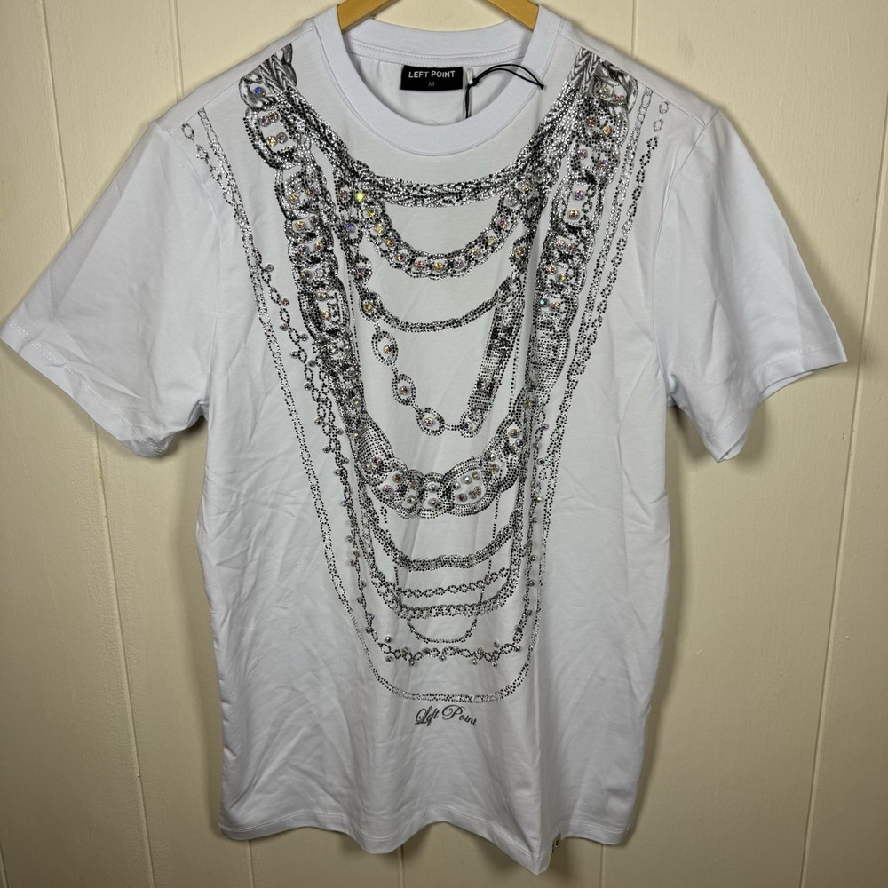 Left Point Men's White T-Shirt Short Sleeve with Rhinestone Detail Size M NWT