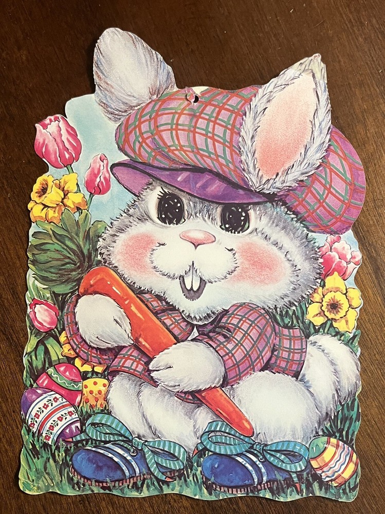 VTG Easter Bunny Holding Carrot  Paper Wall Decor USA 15” Mid Century