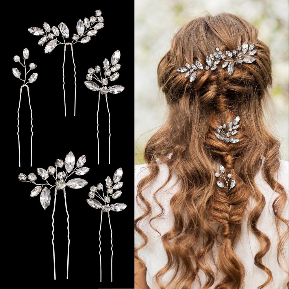 5 Silver Crystal Wedding Hair Pins Rhinestone Bride Accessories Set