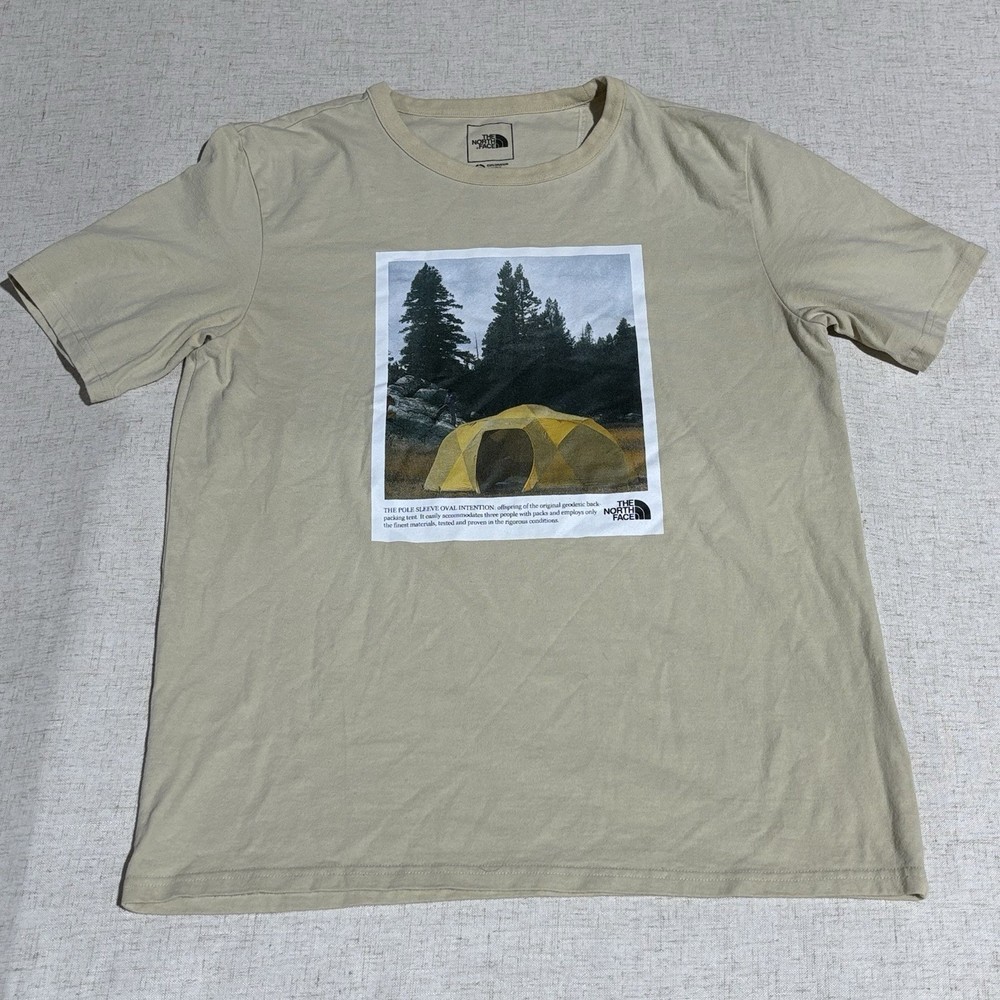 The North Face Mens Medium Graphic T-Shirt Camping Tent Outdoor Beige Tee
