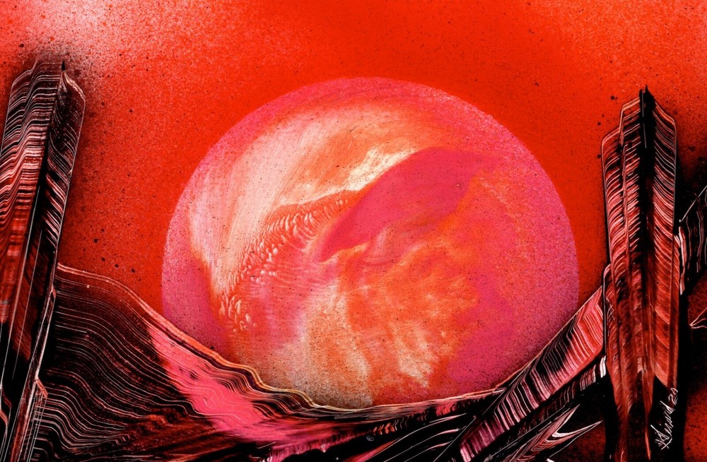 Original Planet in Pink Painting signed with mat board by artist Jason Girard.