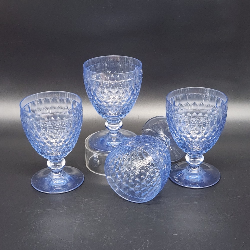 Set of 4 Villeroy & Boch Boston Blue Wine Goblets Crystal Glasses 5-1/8