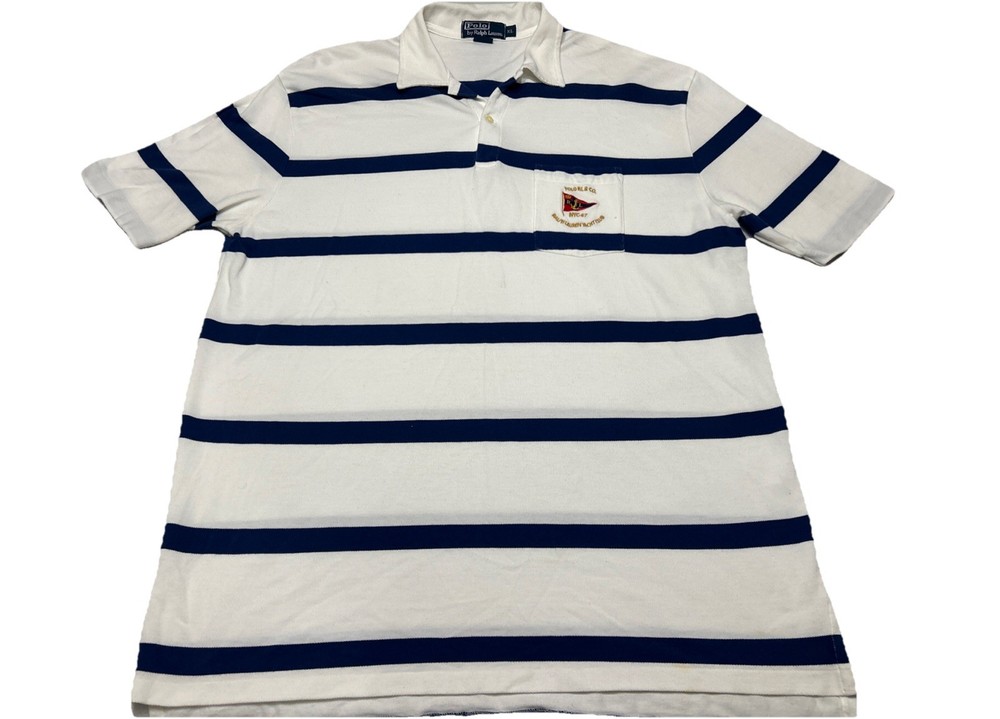 Ralph Lauren Polo Shirt Mens Extra Large White Blue Striped Polo Yacht Club Logo