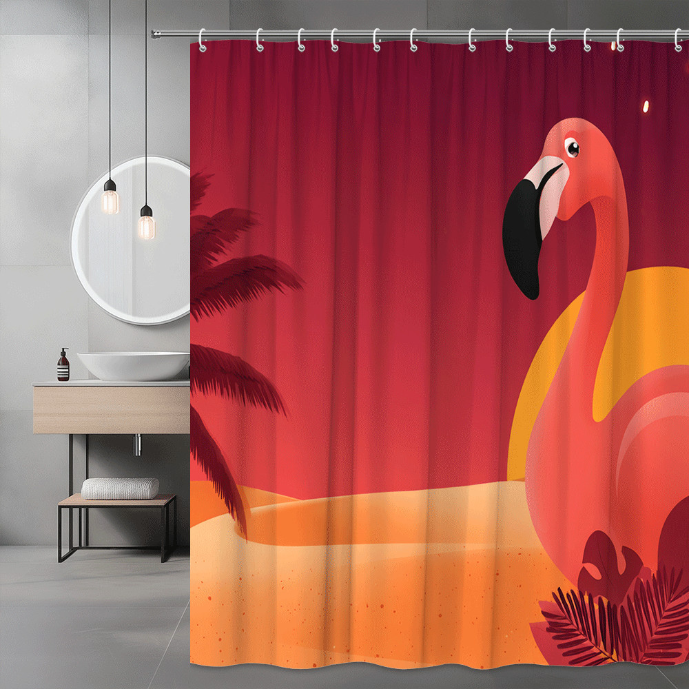 Flamingo Sunset Shower Curtain Tropical Palm Beach Print