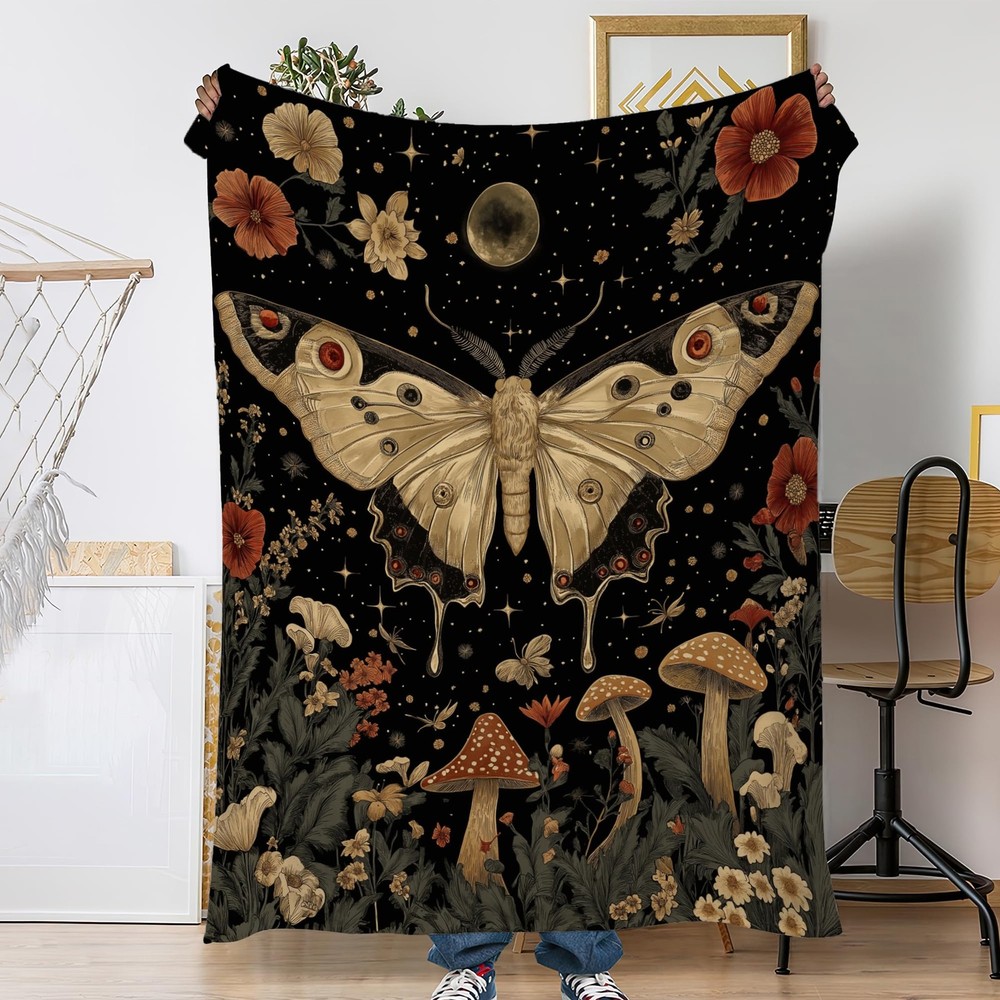 Fall Throw Blanket,Vintage Moth Throw Blanket for Couch Home Decor,Gothic Flo...