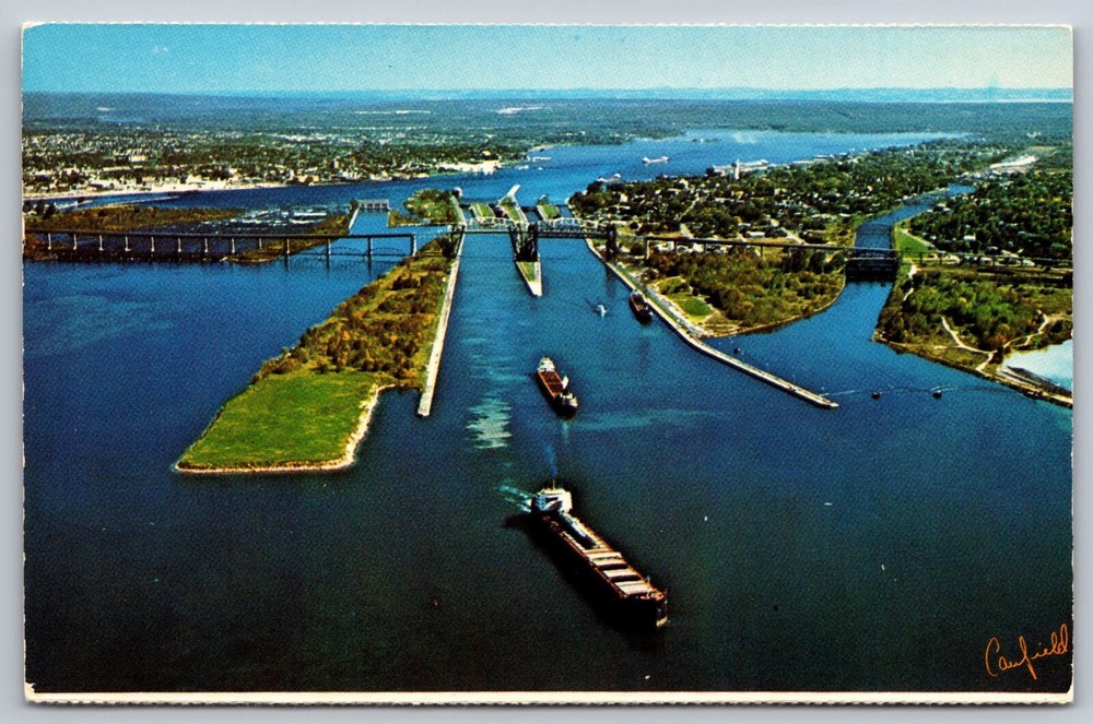 Aerial view Soo Locks Sault Ste. Marie Ontario Michigan vintage postcard  (A4)