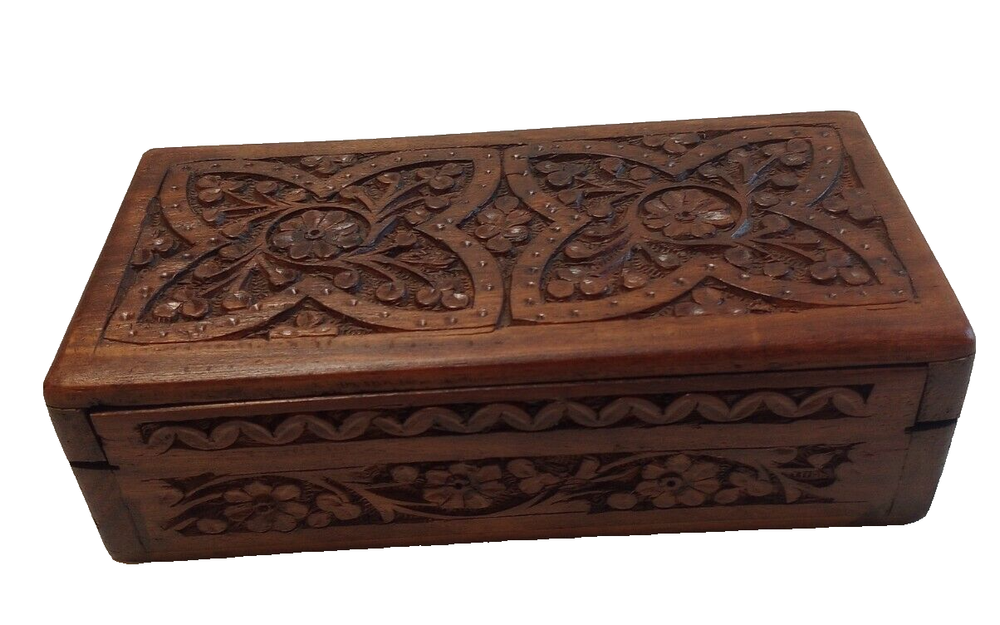 Vintage Archana Handicrafts Carved Wood Box Floral and Star 8