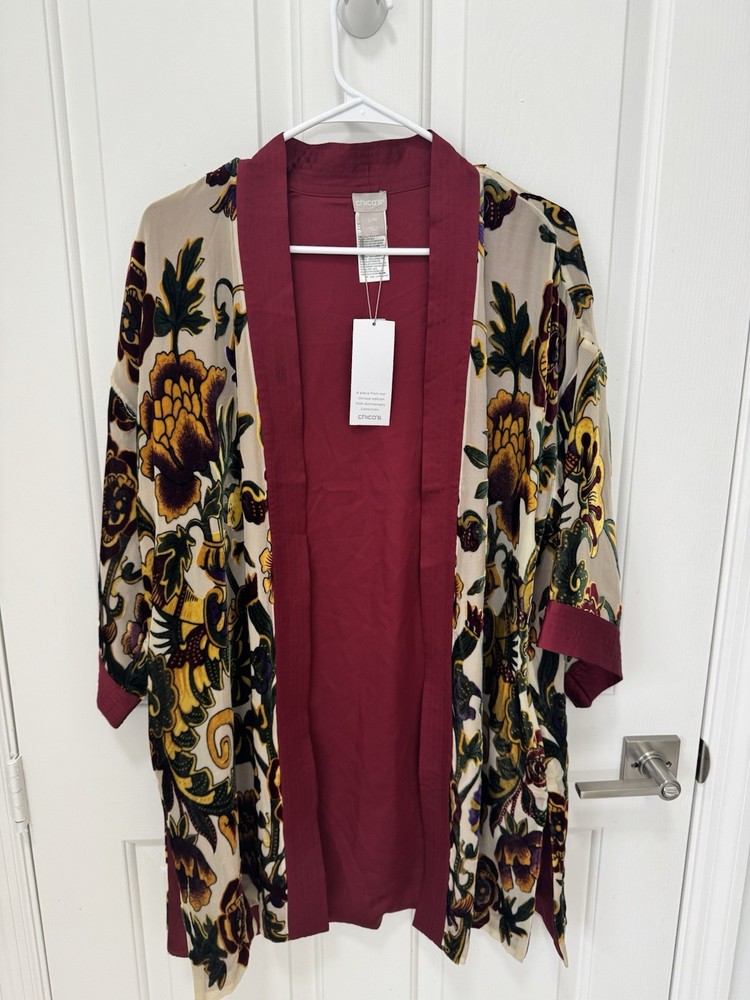NWT Chico’s Heritage Velvet Burnout Kimono Duster Floral Silk/Rayon S/M Rt $199
