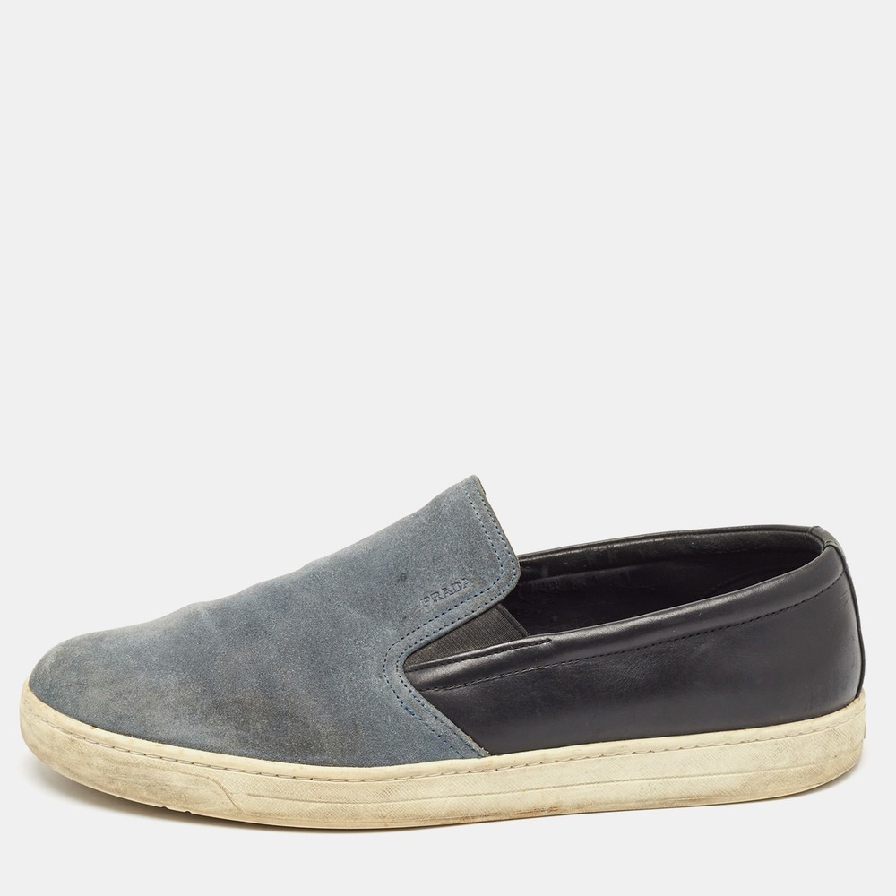 Prada Sport Black/Blue Suede and Leather Slip On Sneakers Size 43