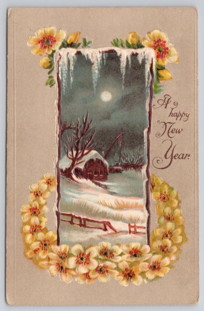 Vintage Embossed New Year Postcard - Winter Moon Cabin Scene, Germany