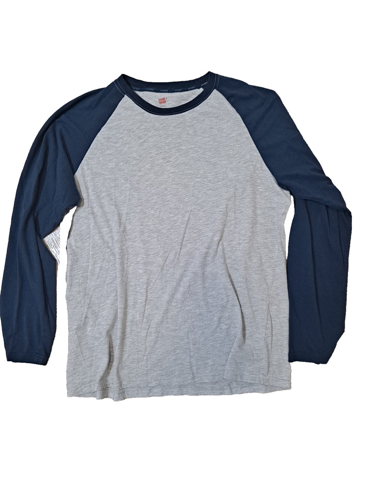 Hanes Raglan Long Sleeve Baseball Tee Gray/Navy Men’s Large – Casual Soft Knit