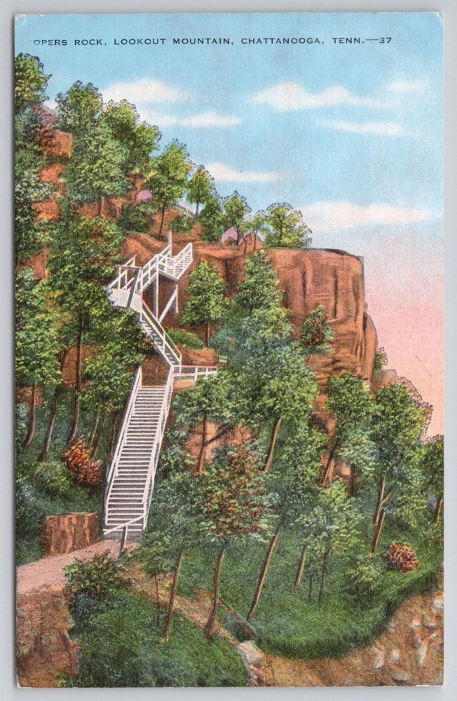 Roper's Rock Lookout Mountain Chattanooga TN Linen Postcard Civil War Steps