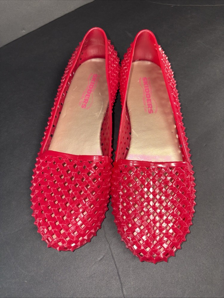 Jelly Shoes Women’s Studded Flats RED Size:10 Loafers Casual Beachwear Skidders