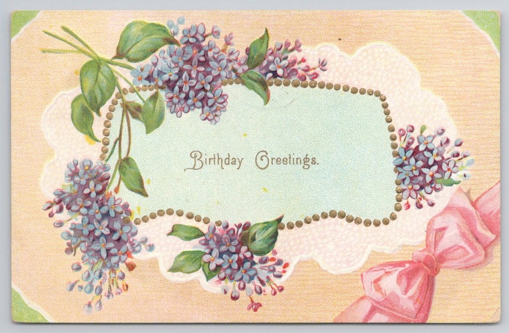 Vintage Embossed Lilac Flowers Birthday Greetings Postcard 1910 PA Postmark