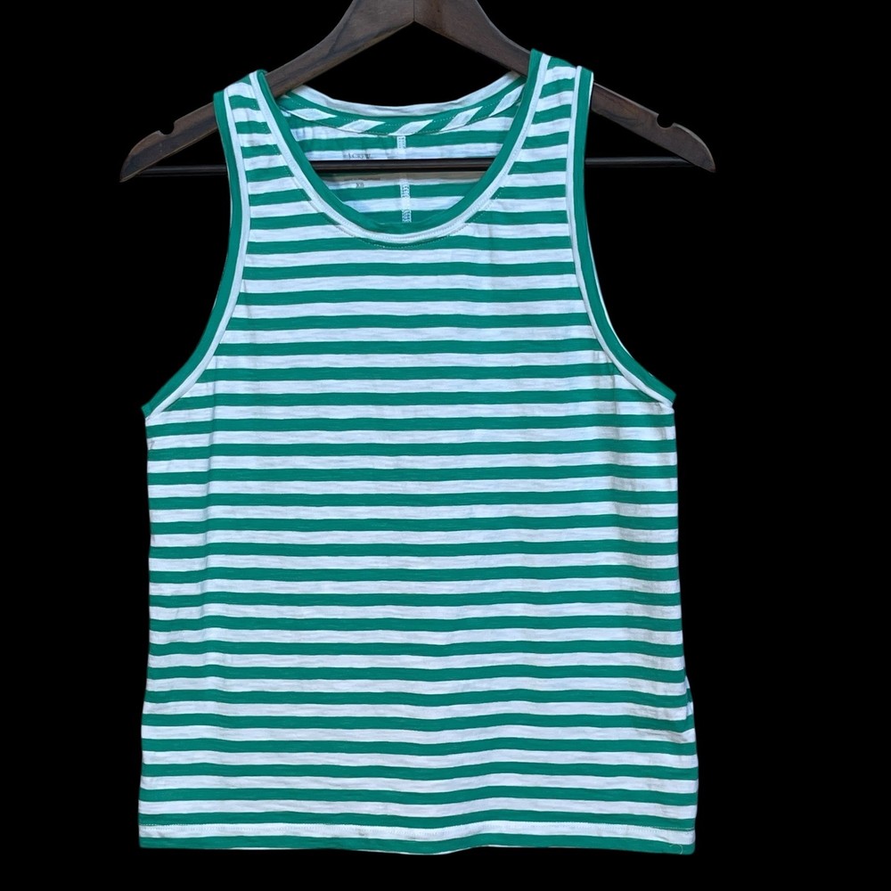 J.Crew Womens Girlfriend Tank Top XS Green White Striped Cotton Slub Sleeveless