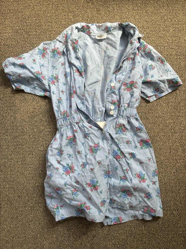 Vintage 1985 Dreams Romper Floral Light Blue Sz M Petite 80s