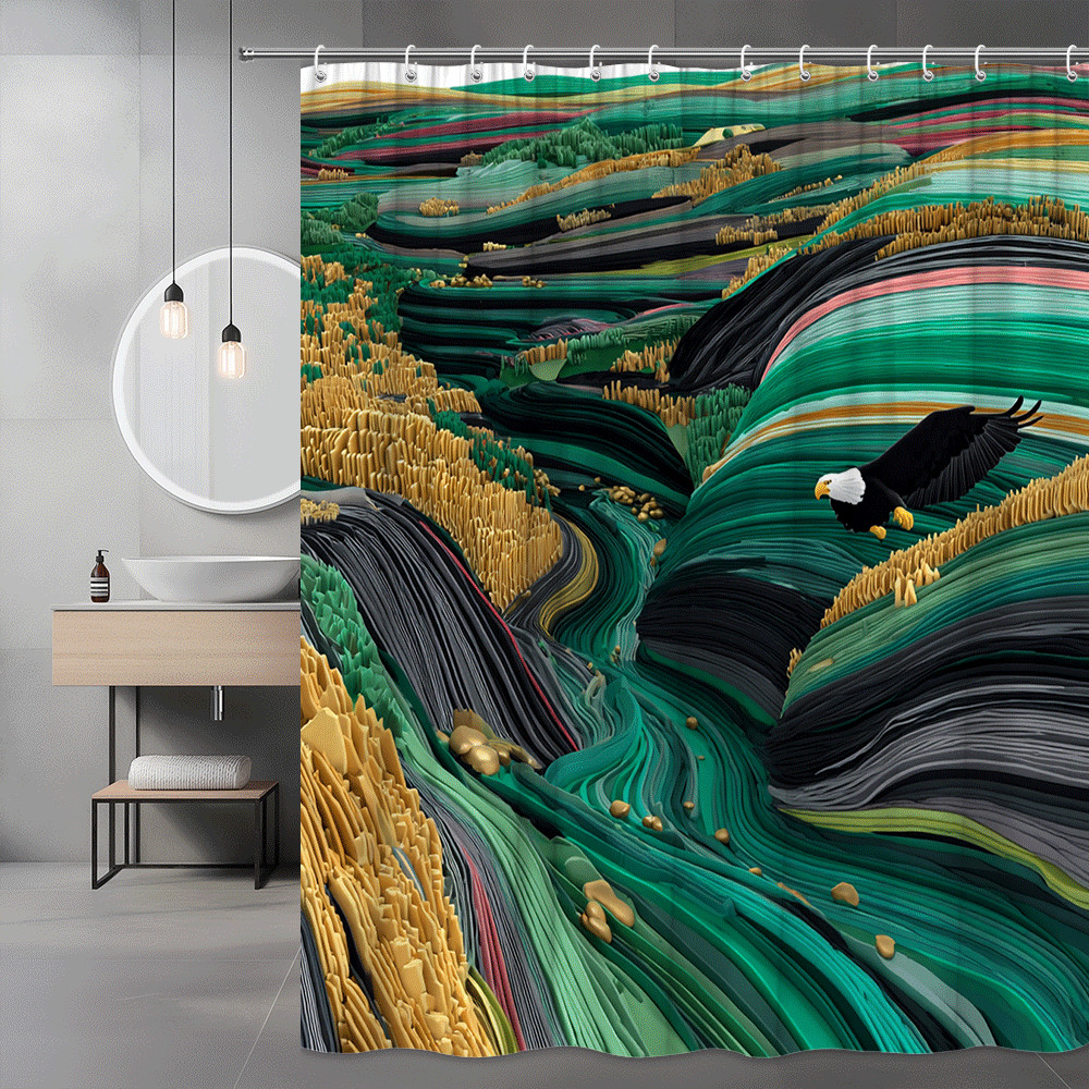 Eagle Abstract Landscape Shower Curtain Green Black Gold