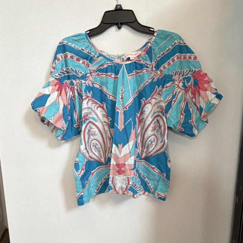Love the Label Blue Pink Geometric Puff Short Sleeve Scoop Neck Cotton Blouse M