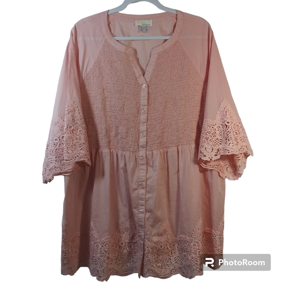 Alessa W Collection Pink Boho Lace Button Front Casual Blouse Size 18