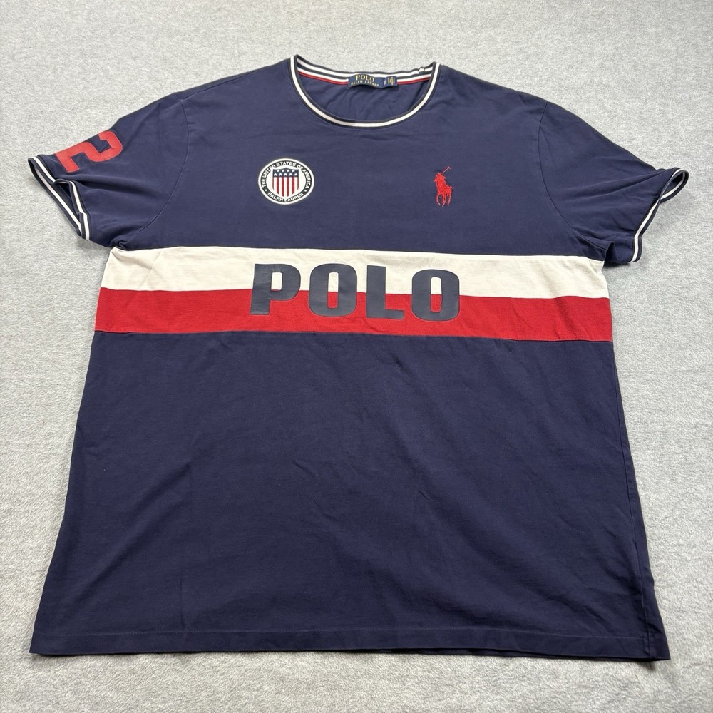 Polo Ralph Lauren USA Big Pony T-Shirt Men’s L Navy USA Spell Out Flag
