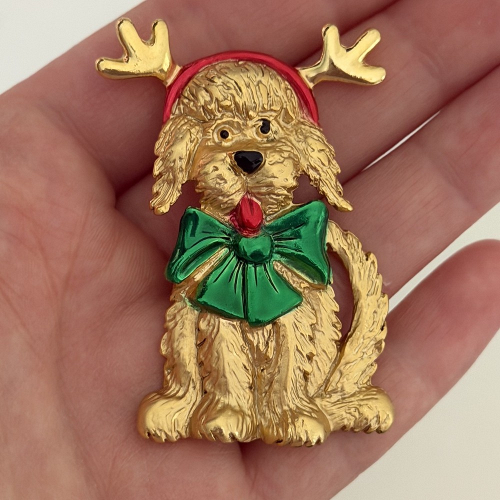 Vintage AJC Signed Christmas Puppy Dog Reindeer Gold Tone Brooch Pin 2