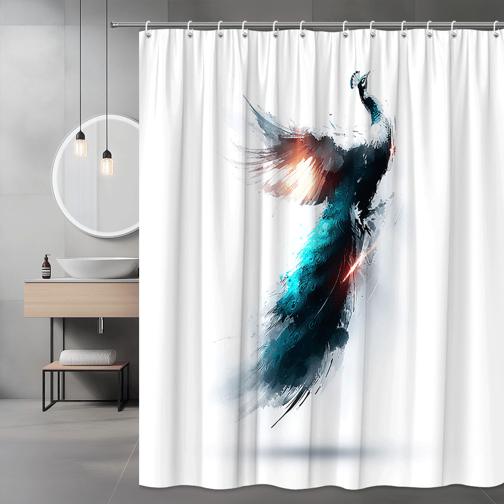 Peacock Shower Curtain Abstract Blue Black Bird Print