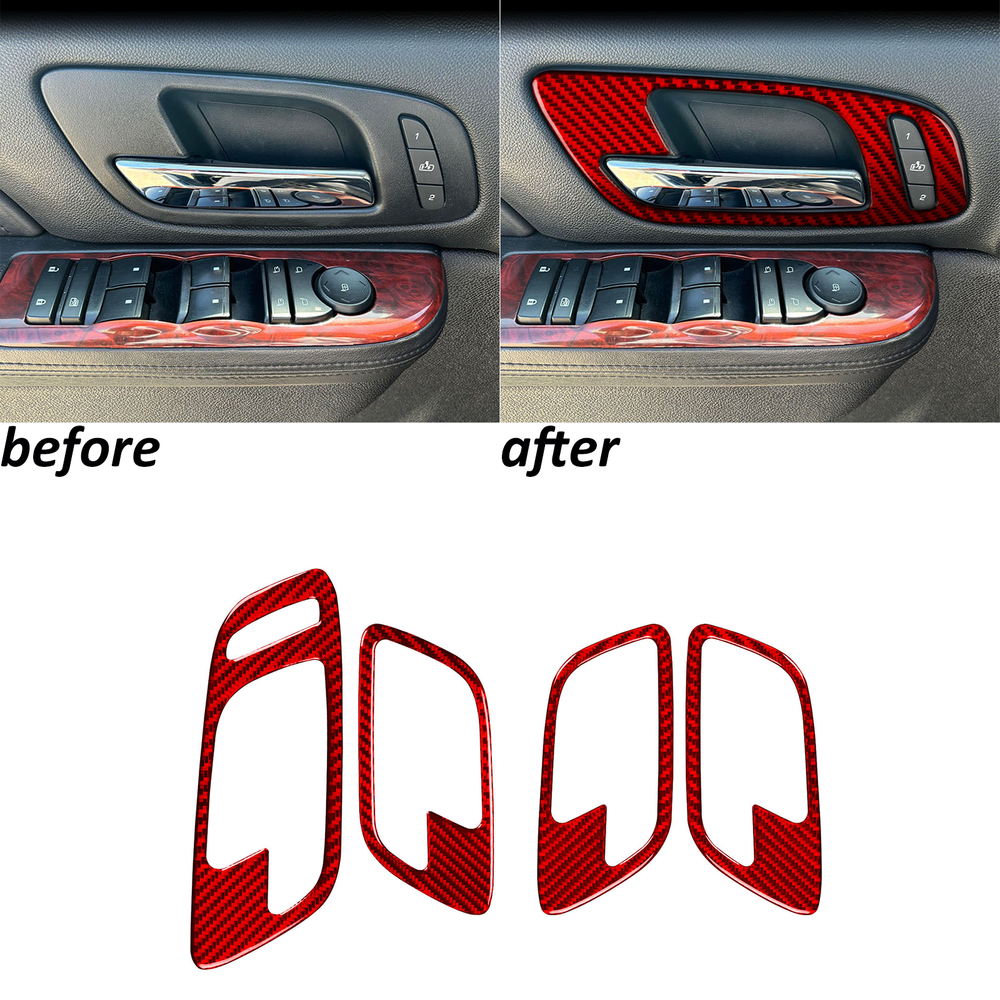 Red Carbon Fiber Interior Door Handle Cover Trim For Cadillac Escalade 2007-2014