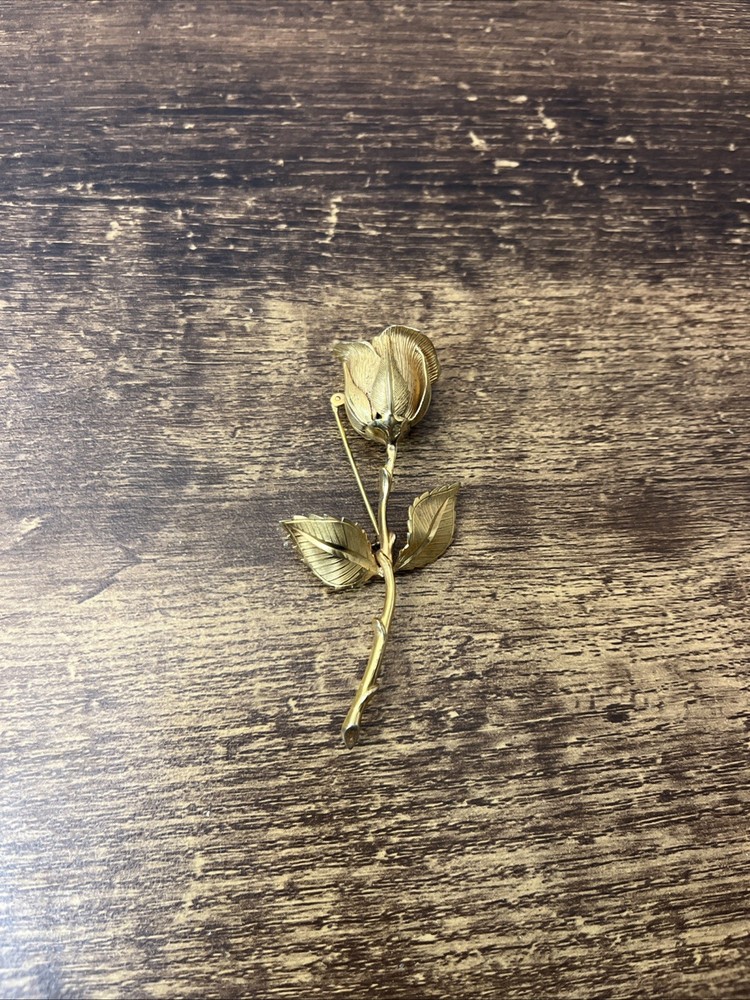 Vintage Giovanni Signed Long Stem Rose Flower Leaves Gold Tone Pin Brooch 3