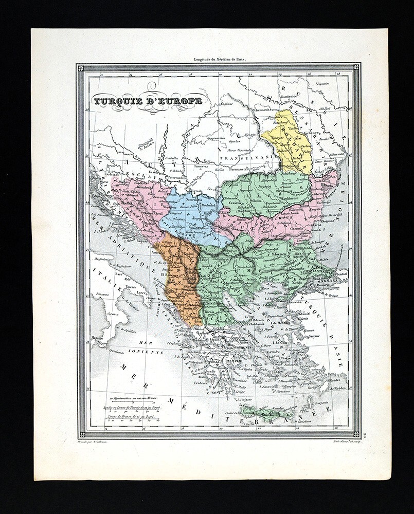 1850 Vuillemin Map Turkey in Europe Greece Constantinople Bosnia Serbia Bulgaria