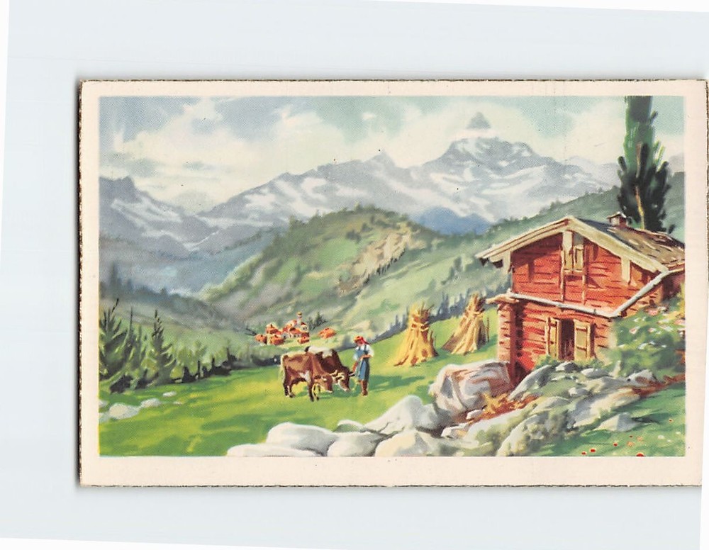 Postcard House Farmer Cows Rocks Nature Mountain Landscape Scenery