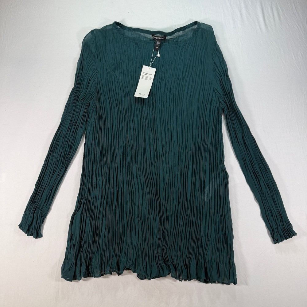 Eileen Fisher Crinkled Sheer Silk Georgette Tunic Women Medium Green Long Sleeve