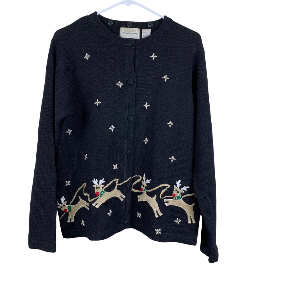 Vintage Ugly Christmas Sweater Lemon Grass Reindeer Knit Cardigan Size M