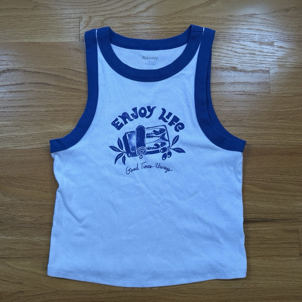 Y2K Old Navy Girls White Blue Graphic Tank Top L Crew Neck Sleeveless Enjoy Life