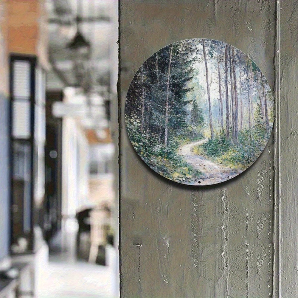Vintage Forest Landscape Round Aluminum Plate Wall Art Woodland Wreath Sign