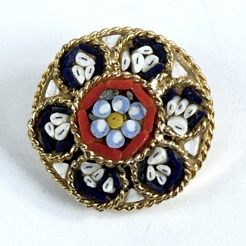 Small Vintage Mosiac Multi Color Flower Gold Tone Brooch Lapel Pin