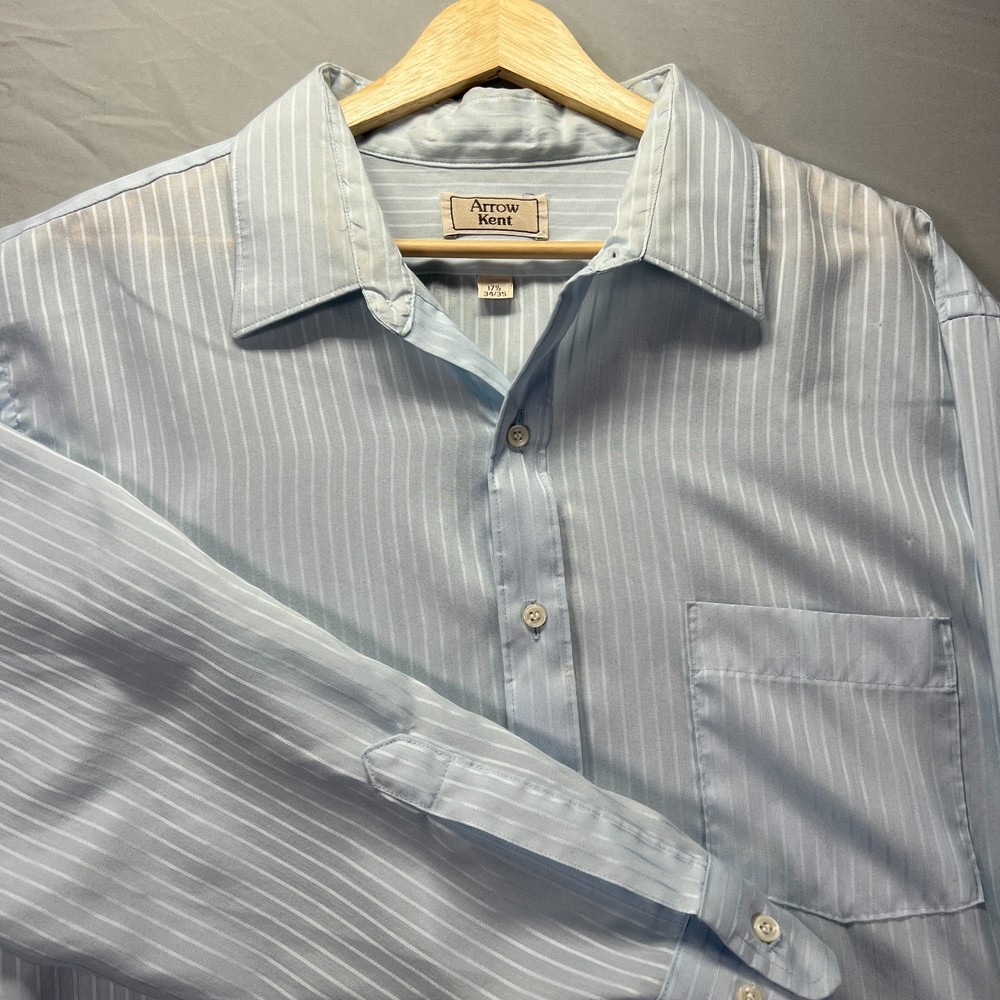 Vintage Arrow Kent Shirt Men 17.5 34/35 Blue Striped Long Sleeve Button Up Sheer