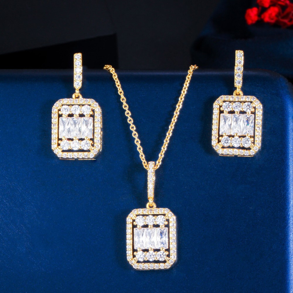 18k Yellow Gold Plated CZ Square Dangle Earrings Pendant Necklace Jewelry Set