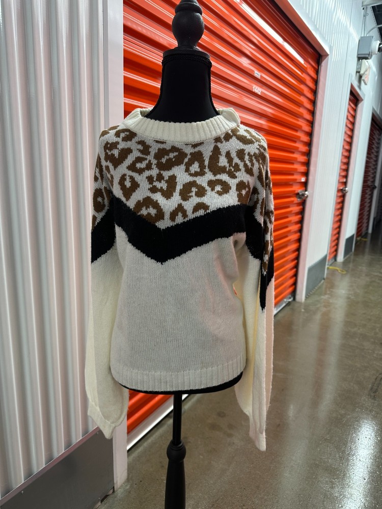 Cato Womens XL Leopard Chevron Knit Pullover Sweater Cream Brown