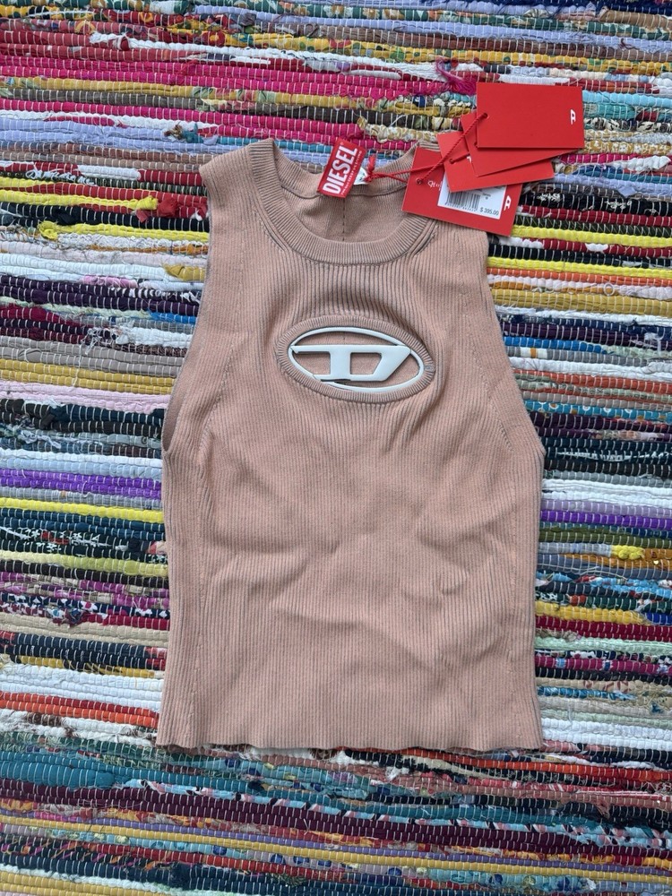 Diesel Sleeveless Knit Tank Top Beige Cotton Logo Crew Neck Women's Casual